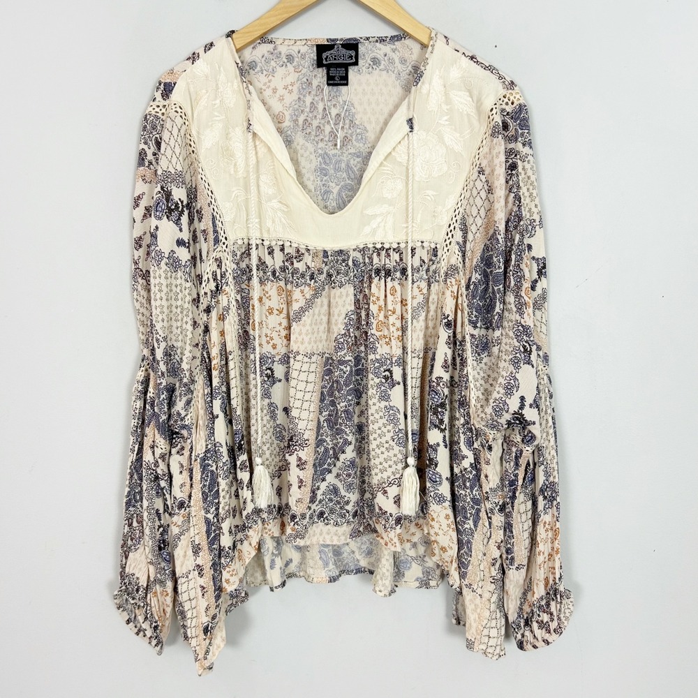 Angie Womens Boho Patchwork Paisley Embroidered Tassel Tie Dolman Blouse Large